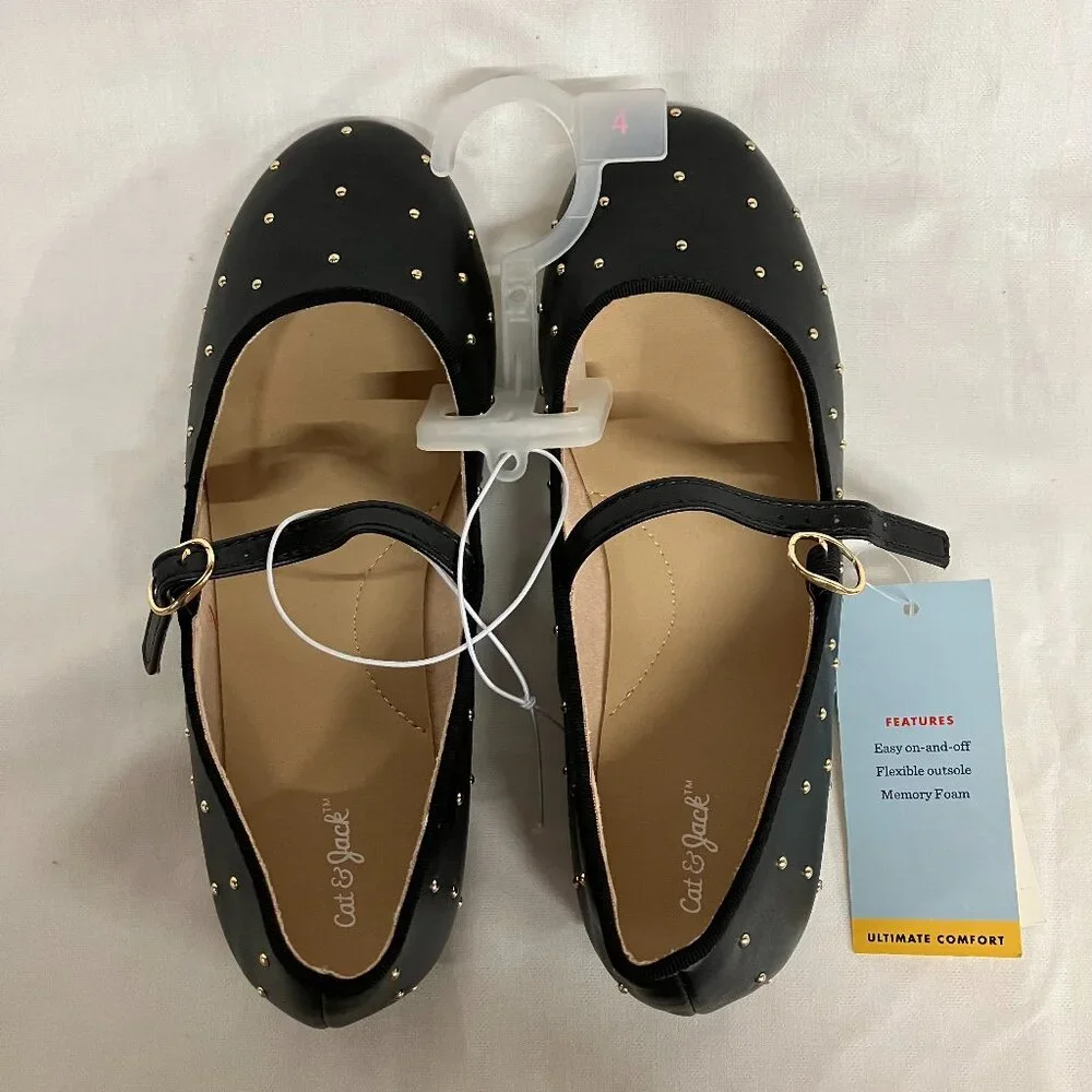 NWT Cat & Jack Kids' 4 Black Jo Slip-On Ballet Flats Embellished Buckle